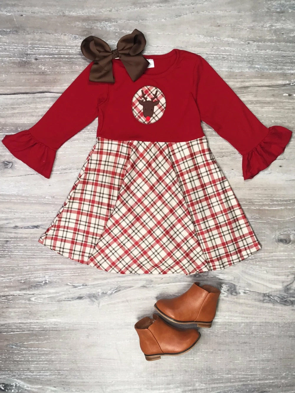 Sydney So Sweet Christmas Reindeer Red Tartan Plaid Ruffle Girls Dress 1 Sydney So Sweet Christmas Reindeer Red Tartan Plaid Ruffle Girls Dress