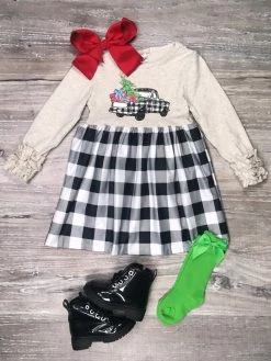 Sydney So Sweet Christmas Tree Farm Buffalo Plaid Ruffle Girls Christmas Dress Set
