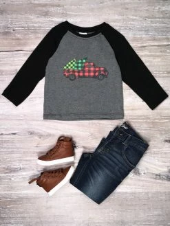 Sydney So Sweet T-Shirts & Tops Christmas Tree Farm Truck Plaid Raglan T-Shirt