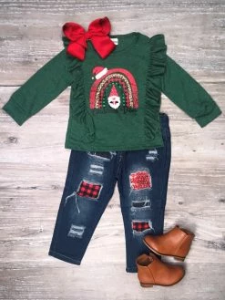 Sydney So Sweet Christmas Vibes Santa Gnome Rainbow Plaid Denim Girls Outfit