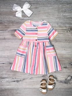 Sydney So Sweet Classic Pastel Stripe Button Short Sleeve Girls Dress Dresses & Skirt Sets