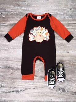 Sydney So Sweet Classic Thanksgiving Turkey Brown & Orange Boys Baby Romper Baby Boutique