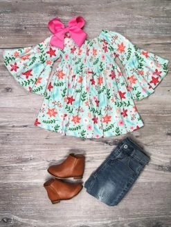 Sydney So Sweet Dresses & Skirt Sets Colorful Christmas Flower Blue Smocked Flare Girls Babydoll Dress Or Tunic Top