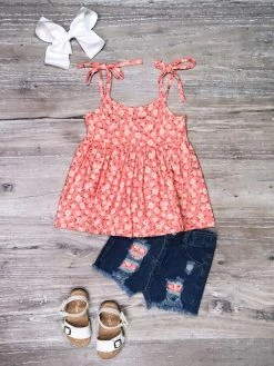 Sydney So Sweet New Arrivals Coral Ditsy Floral Denim Patch Girls Shorts Outfit