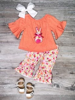 Sydney So Sweet Coral Floral Bunny Tail Ruffle Girls Easter Capri Outfit Shorts & Capri Outfits