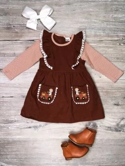 Sydney So Sweet Cow Goes Moo Brown Tractor Corduroy Stripe Pom Flare Girls Dress Dresses & Skirt Sets