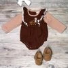 Sydney So Sweet Cow Goes Moo Brown Corduroy Stripe Pom Flare Baby Girls Romper Baby Boutique