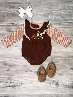 Sydney So Sweet Cow Goes Moo Brown Corduroy Stripe Pom Flare Baby Girls Romper Baby Boutique