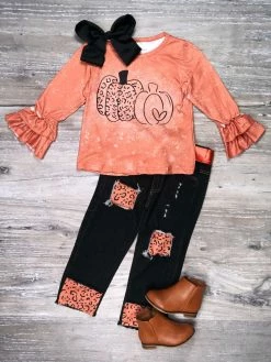 Sydney So Sweet Crazy Cheetah Pumpkin Orange Acid Wash Denim Patch Girls Fall Outfit
