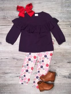 Sydney So Sweet Crazy Floral Plum Purple Ruffle Girls Leggings Outfit