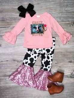 Sydney So Sweet Crazy Heifer Cow Print Pink Sequin Girls Bell Bottom Outfit On Wednesday, We Wear Pink