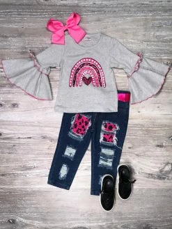 Sydney So Sweet Crazy Love Pink Leopard Rainbow Heart Denim Patch Girls Outfit