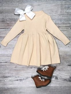 Sydney So Sweet Dresses & Skirt Sets Dark Cream Knit Girls Ribbed Knit Sweater Dress