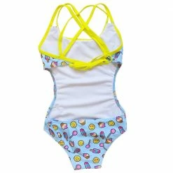 Sydney So Sweet Emoji Treats Girls One Piece Swim Cut Out Cross Back Tie Swimsuit