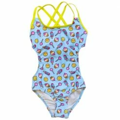 Sydney So Sweet Emoji Treats Girls One Piece Swim Cut Out Cross Back Tie Swimsuit