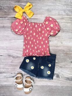 Sydney So Sweet Daisy Blossoms Blush Pink Smocked Denim Girls Shorts Outfit New Arrivals