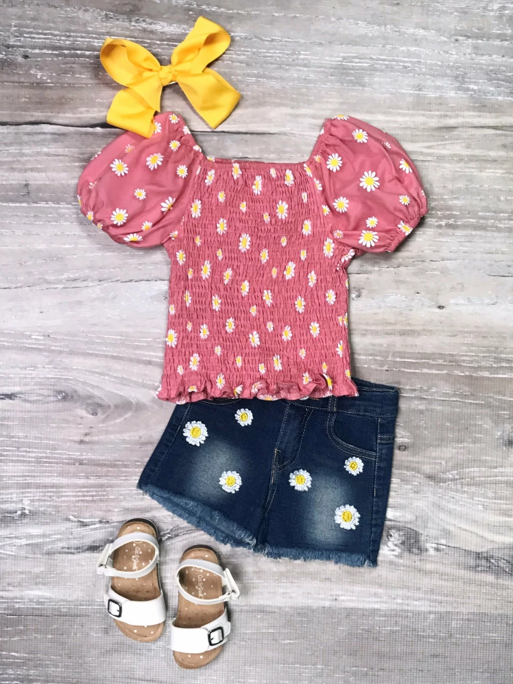 Sydney So Sweet Daisy Blossoms Blush Pink Smocked Denim Girls Shorts Outfit New Arrivals 2 Sydney So Sweet Daisy Blossoms Blush Pink Smocked Denim Girls Shorts Outfit New Arrivals