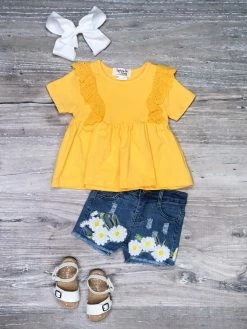 Sydney So Sweet New Arrivals Daisy Days Yellow Ruffle Flare Embroidered Denim Girls Shorts Outfit