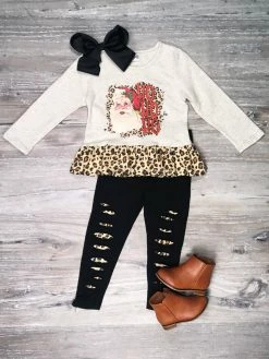 Sydney So Sweet Dear Santa Ho Ho Ho Leopard Distressed Leggings Girls Outfit