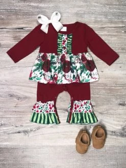 Sydney So Sweet Deep Burgundy Green Stripe Floral Ruffle Girls Baby Romper Baby Boutique