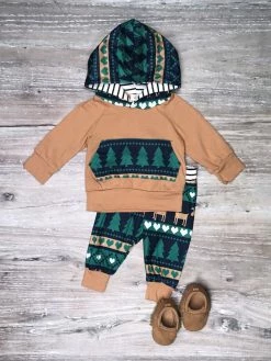 Sydney So Sweet Deer Pine Tree Teal & Brown Baby Boys Hooded Jogger Outfit Baby Boutique