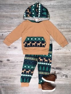 Sydney So Sweet Deer Pine Tree Teal & Brown Boys Hooded Jogger Outfit