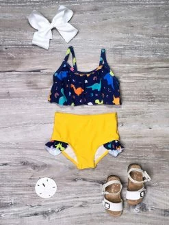 Sydney So Sweet Dino-Brite Rainbow Navy Flutter Girls Swimsuit Bikini