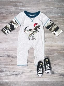 Sydney So Sweet Dino Christmas Lights Camo Raglan Boys Christmas Baby Romper