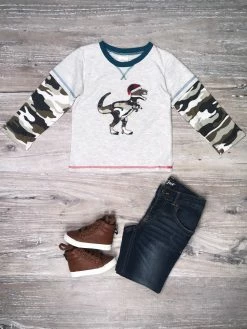 Sydney So Sweet T-Shirts & Tops Dino Christmas Lights Camo Raglan Boys Christmas T-Shirt