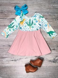 Sydney So Sweet Dresses & Skirt Sets Dinosaur Roaming Rainbows Pink Long Sleeve Girls Skater Dress