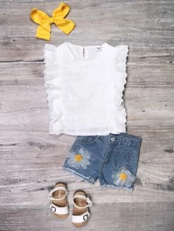 Sydney So Sweet Dollop Of Daisy White Ruffle Denim Girls Shorts Outfit