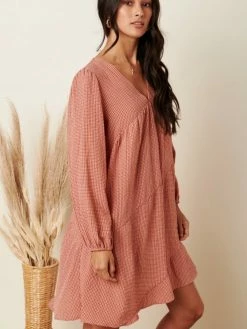 Sydney So Sweet Dusty Mauve Gingham Bias Tier Detail Babydoll Dress