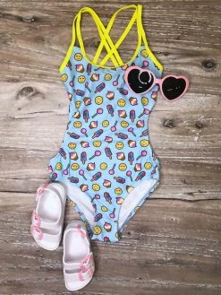 Sydney So Sweet Emoji Treats Girls One Piece Swim Cut Out Cross Back Tie Swimsuit
