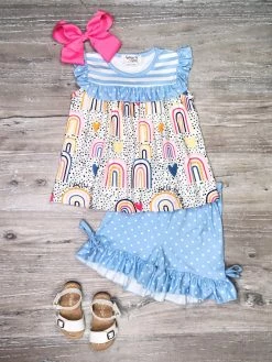 Sydney So Sweet End Of The Rainbow Blue Polka Dot Ruffle Girls Shorts Outfit