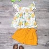 Sydney So Sweet New Arrivals Eucalyptus Yellow Floral Ruffle Shorts Outfit