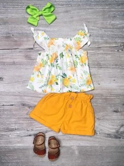 Sydney So Sweet New Arrivals Eucalyptus Yellow Floral Ruffle Shorts Outfit