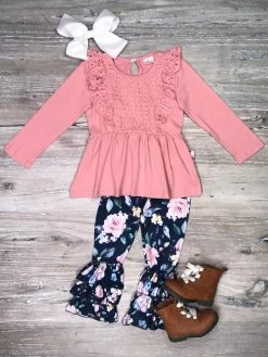 Sydney So Sweet Everyday Is For Flowers Pink & Navy Floral Ruffle Girls Boutique Outfit 2 Piece Pants Outfits