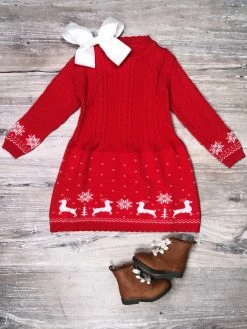 Sydney So Sweet Fair Isle Red Snowflake Cable Knit Girls Sweater Dress Dresses & Skirt Sets