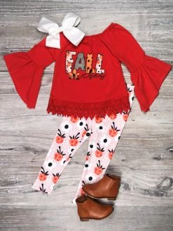 Sydney So Sweet 2 Piece Pants Outfits Burnt Orange Fall Floral Lace Ruffle Girls Fall Outfit