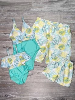 Sydney So Sweet Tropical Palm Mint & Yellow Matching Family Swimsuits Mommy & Me & Family Swim