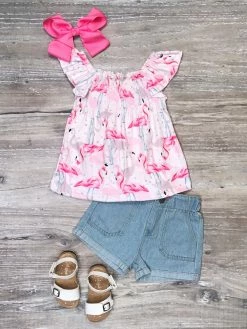Sydney So Sweet Fancy Flamingo Pink Flutter Denim Girls Shorts Outfit