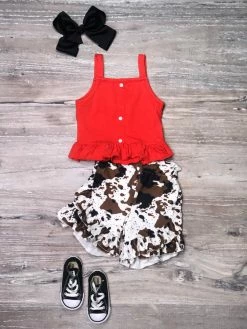 Sydney So Sweet Farm Red Cow Hide Print Peplum Tank Ruffle Girls Shorts Outfit New Arrivals