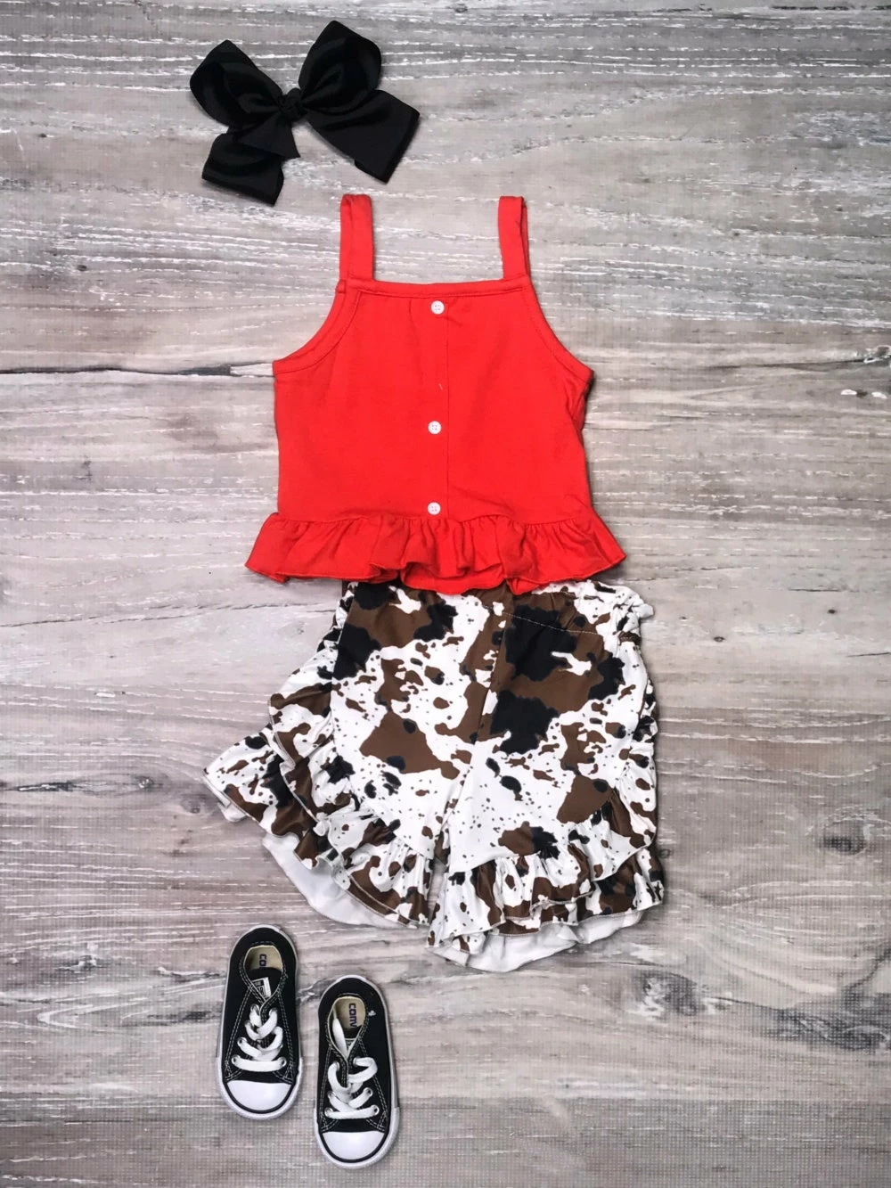 Sydney So Sweet Farm Red Cow Hide Print Peplum Tank Ruffle Girls Shorts Outfit New Arrivals 1 Sydney So Sweet Farm Red Cow Hide Print Peplum Tank Ruffle Girls Shorts Outfit New Arrivals