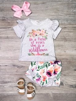 Sydney So Sweet Field Of Roses Wildflower Gray Floral Ruffle Girls Shorts Outfit