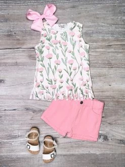 Sydney So Sweet Floral Breeze Blush Pink & Green Denim Girls Shorts Outfit