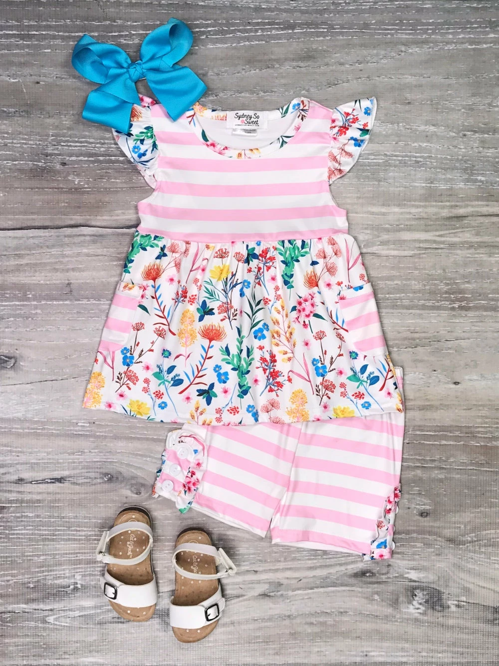 Sydney So Sweet Floral Ivy Colorful Stripe Girls Shorts Outfit 1 Sydney So Sweet Floral Ivy Colorful Stripe Girls Shorts Outfit