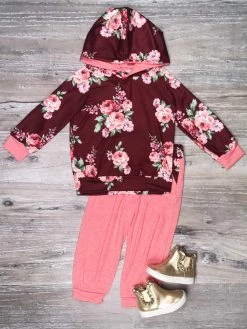 Sydney So Sweet Flower Power Pink & Burgundy Girls Hooded Jogger Outfit Loungewear, Joggers, & PJ's