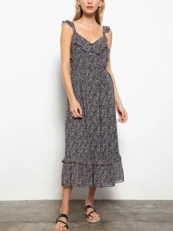 Sydney So Sweet Flower Print Ruffle Detail Women's Tank Midi Dress Black