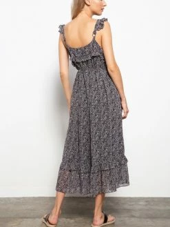 Sydney So Sweet Flower Print Ruffle Detail Women's Tank Midi Dress Black