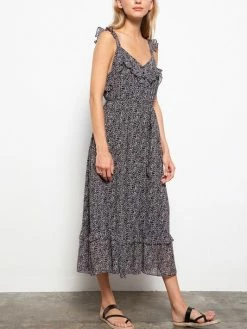 Sydney So Sweet Flower Print Ruffle Detail Women's Tank Midi Dress Black